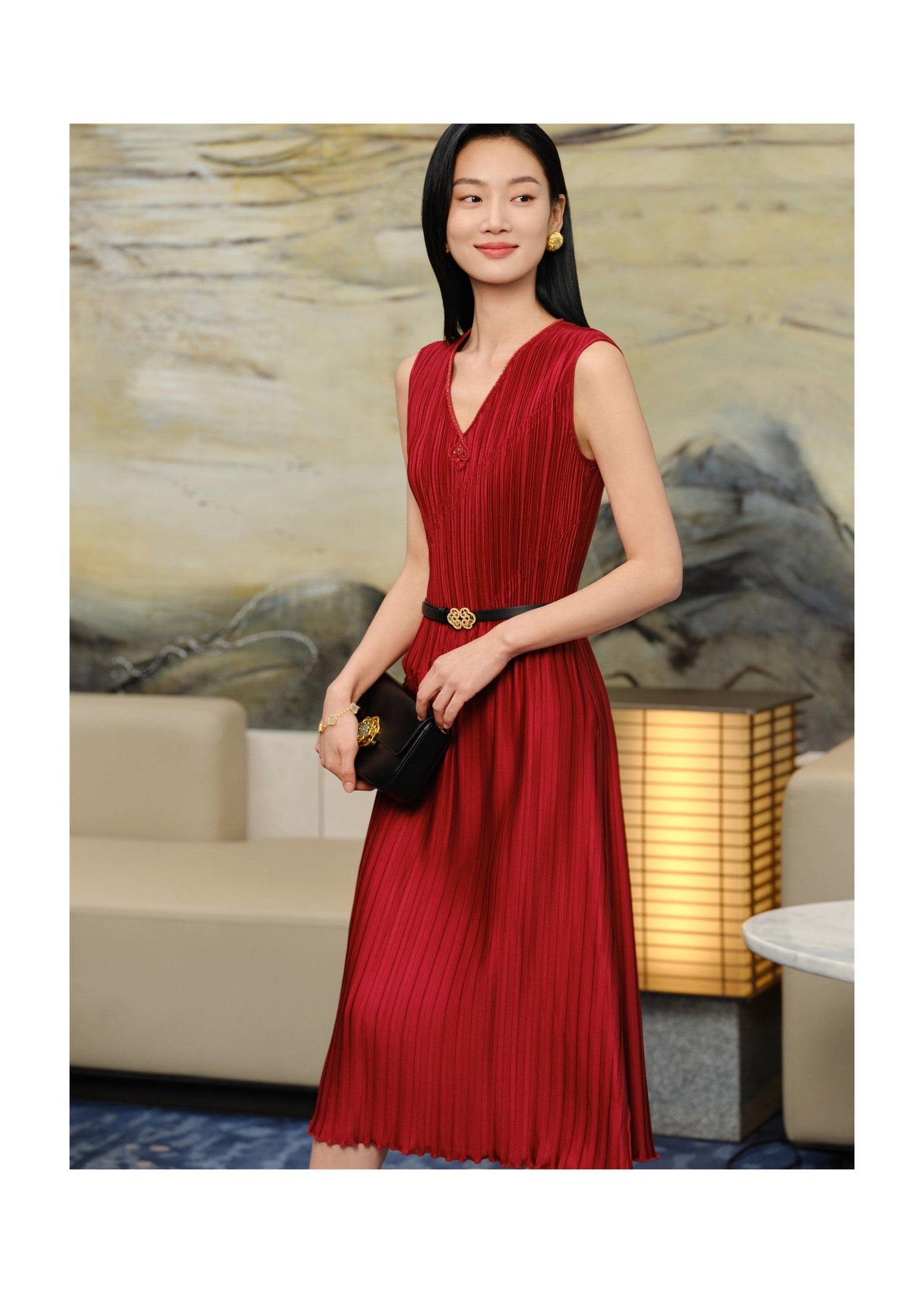 Pleated Waist-Cinched Dress | Red