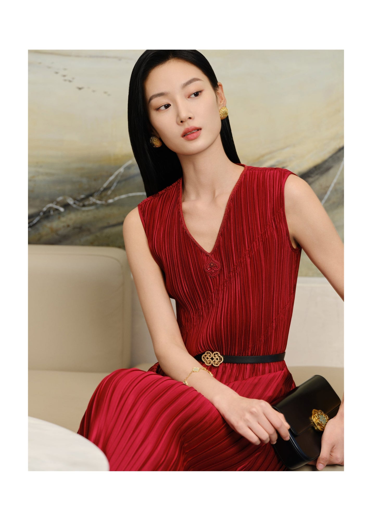 Pleated Waist-Cinched Dress | Red
