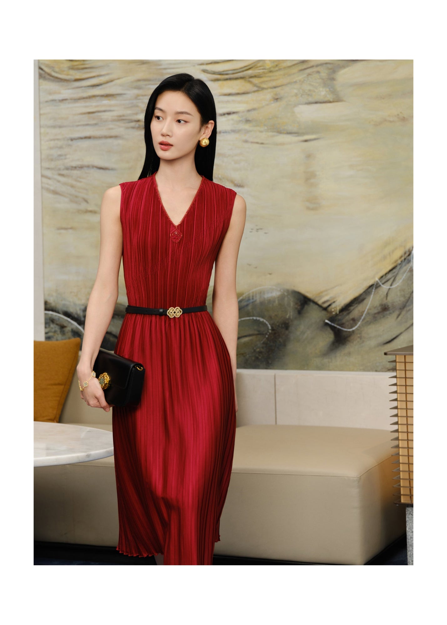 Pleated Waist-Cinched Dress | Red