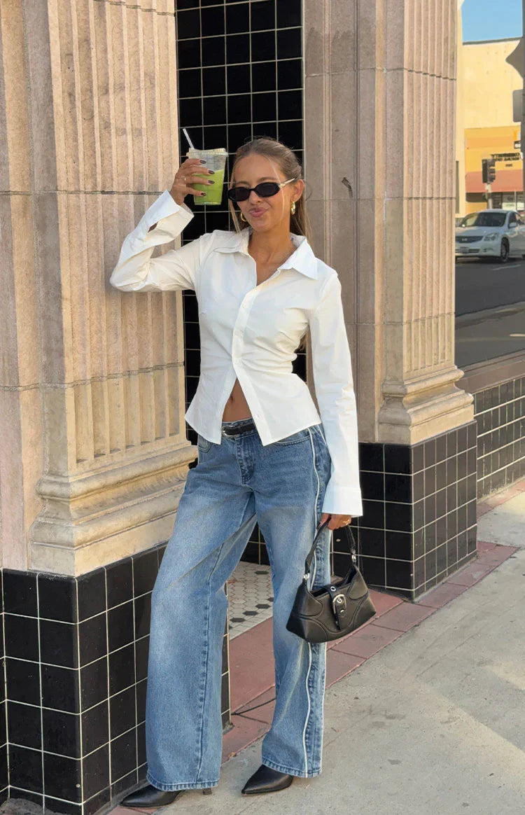 Posey Contrast Seam Wide Leg Jeans | Mid Wash