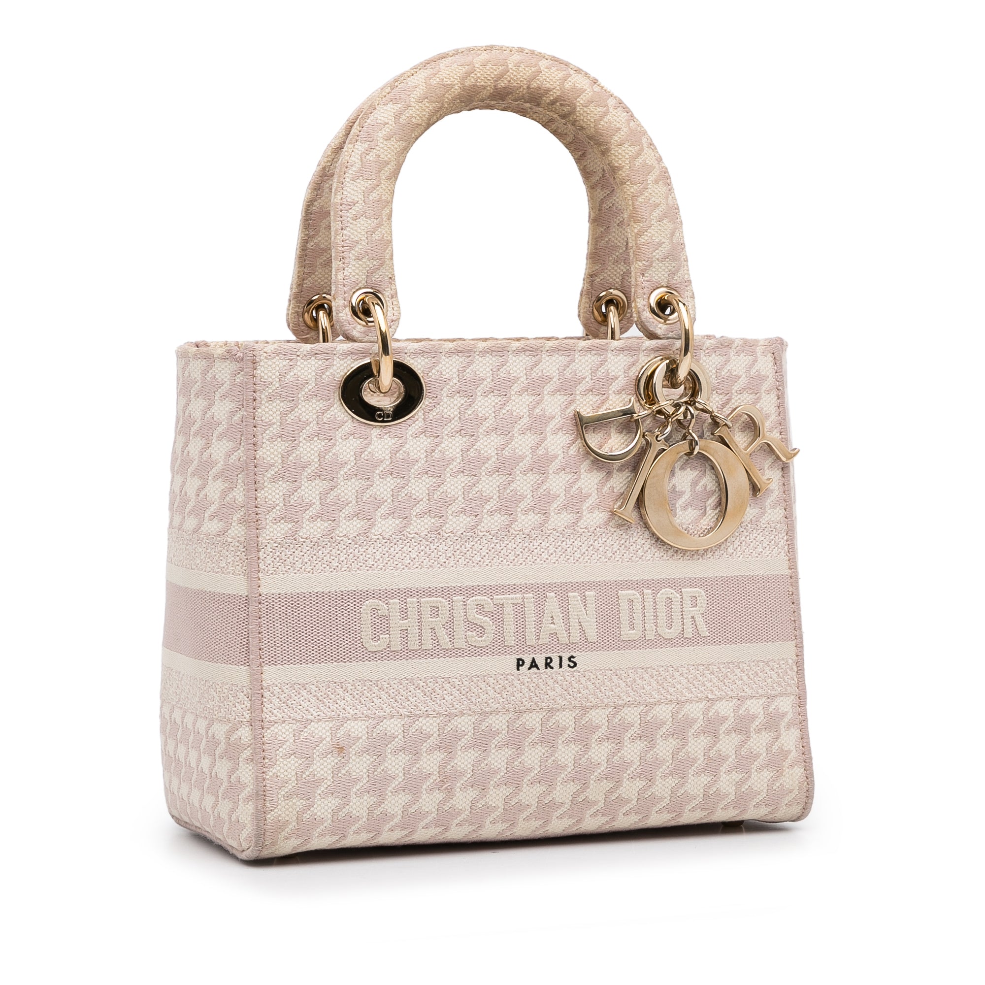 Dior | Pre-Owned Medium Embroidered Canvas Houndstooth Lady D Lite | Pink/Light Pink