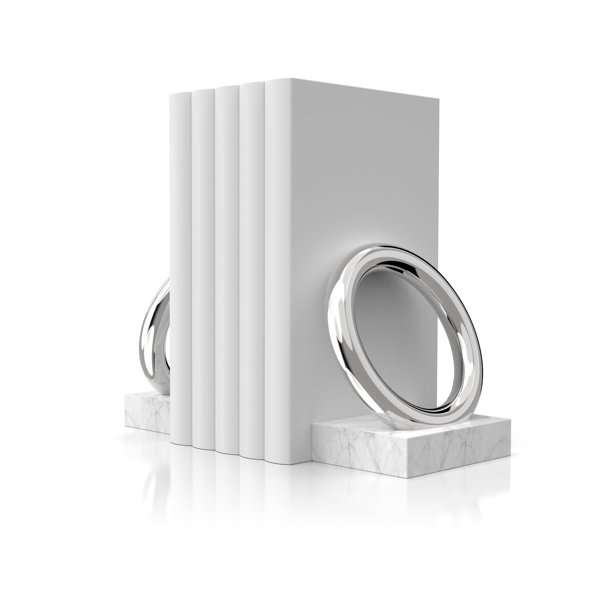 Ring Bookends | Silver-Plated Stainless Steel | Italian Carrara Marble | Set of 2