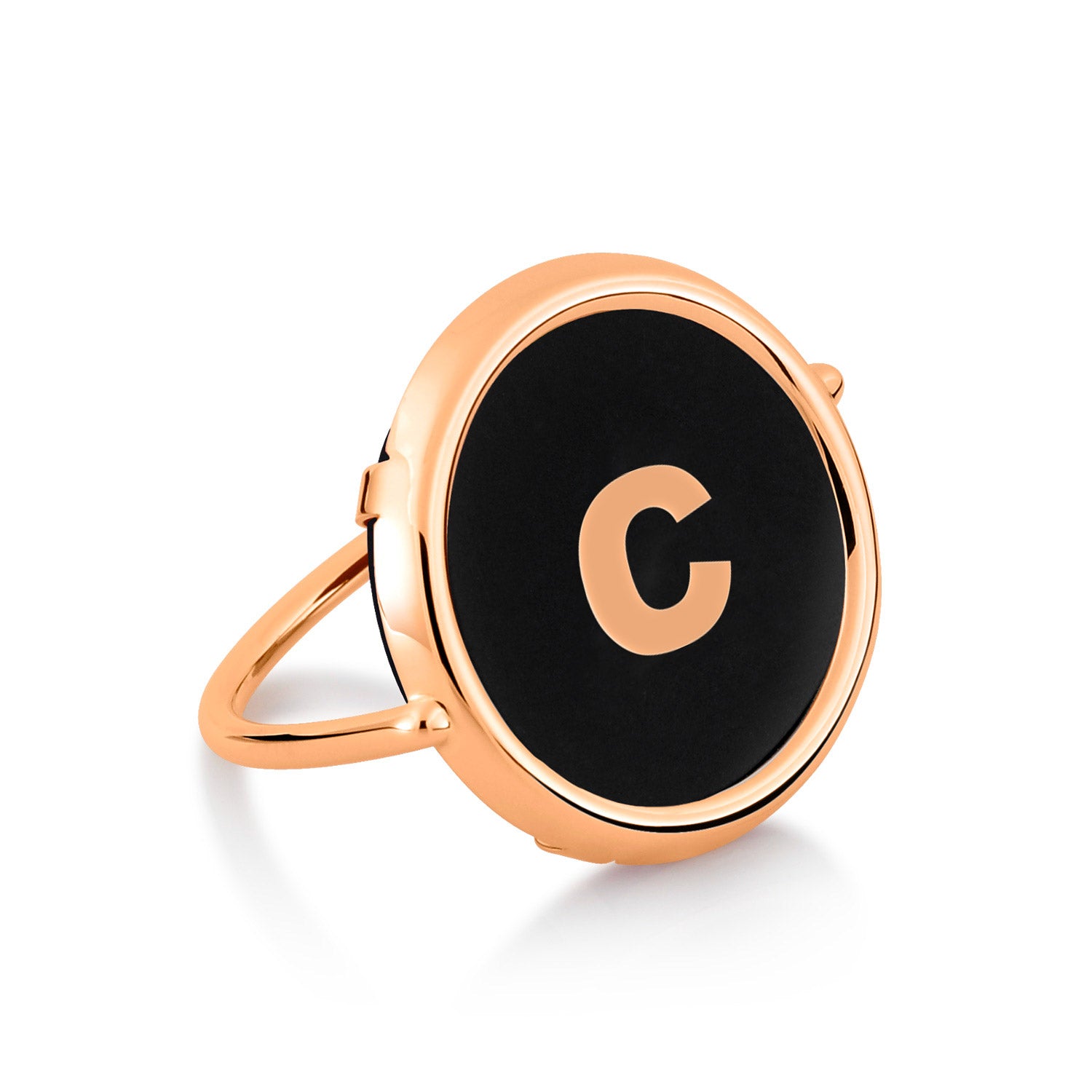 C | Initial Onyx Disc Ring | 18K Rose Gold