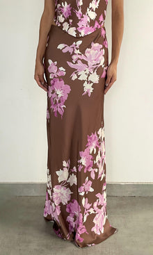 Womens | Alfy Polyester Satin Lycra Maxi Skirt | Brown Pink