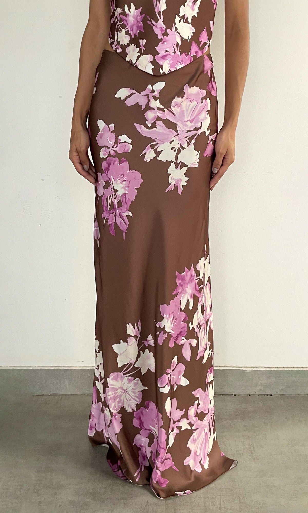 Womens | Alfy Polyester Satin Lycra Maxi Skirt | Brown Pink