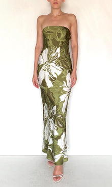 Rococo Sand | Avo Viscose Satin Strapless Maxi Dress | Green