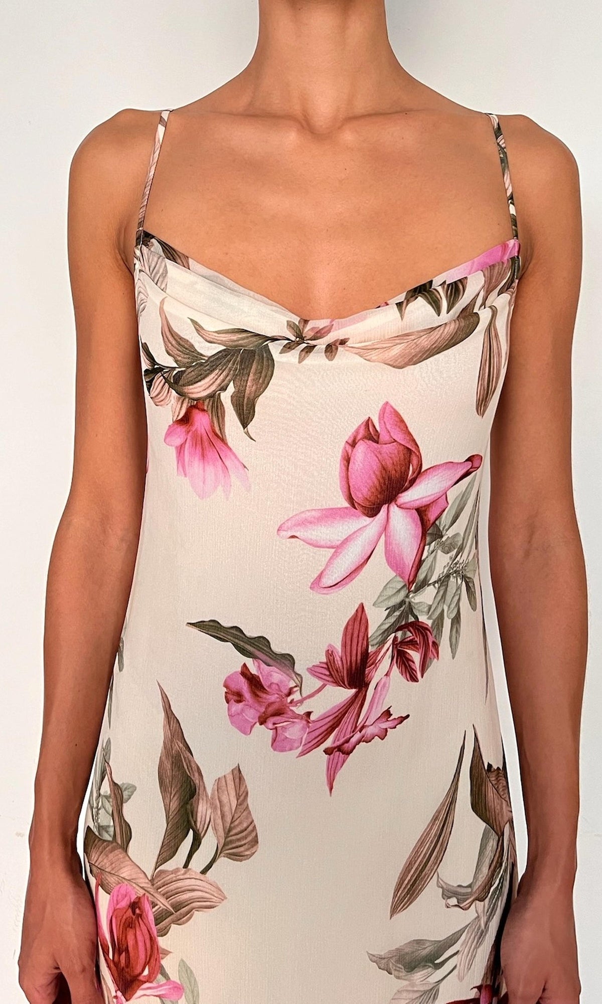 Womens | Cai Heavy Viscose Crinkle Chiffon Cowl High Low Maxi Dress | Cream Pink Multi