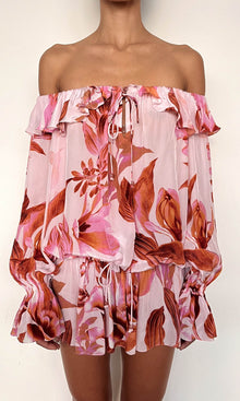 Womens | Cai Viscose Natural Crepe Off Shoulder Mini Dress | Pink Brown