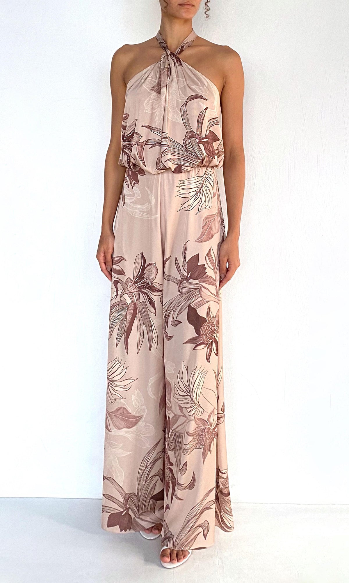 Rococo Sand | Cali Polyester Satin Lycra Halter Jumpsuit With Back Sash Tie | Beige Brown