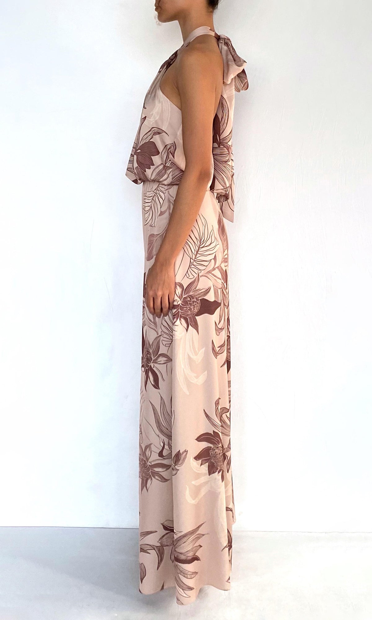 Rococo Sand | Cali Polyester Satin Lycra Halter Jumpsuit With Back Sash Tie | Beige Brown