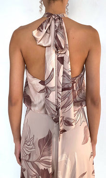 Rococo Sand | Cali Polyester Satin Lycra Halter Jumpsuit With Back Sash Tie | Beige Brown