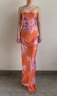 Womens | Casey Polyester Satin Lycra Strapless Maxi Dress | Orange