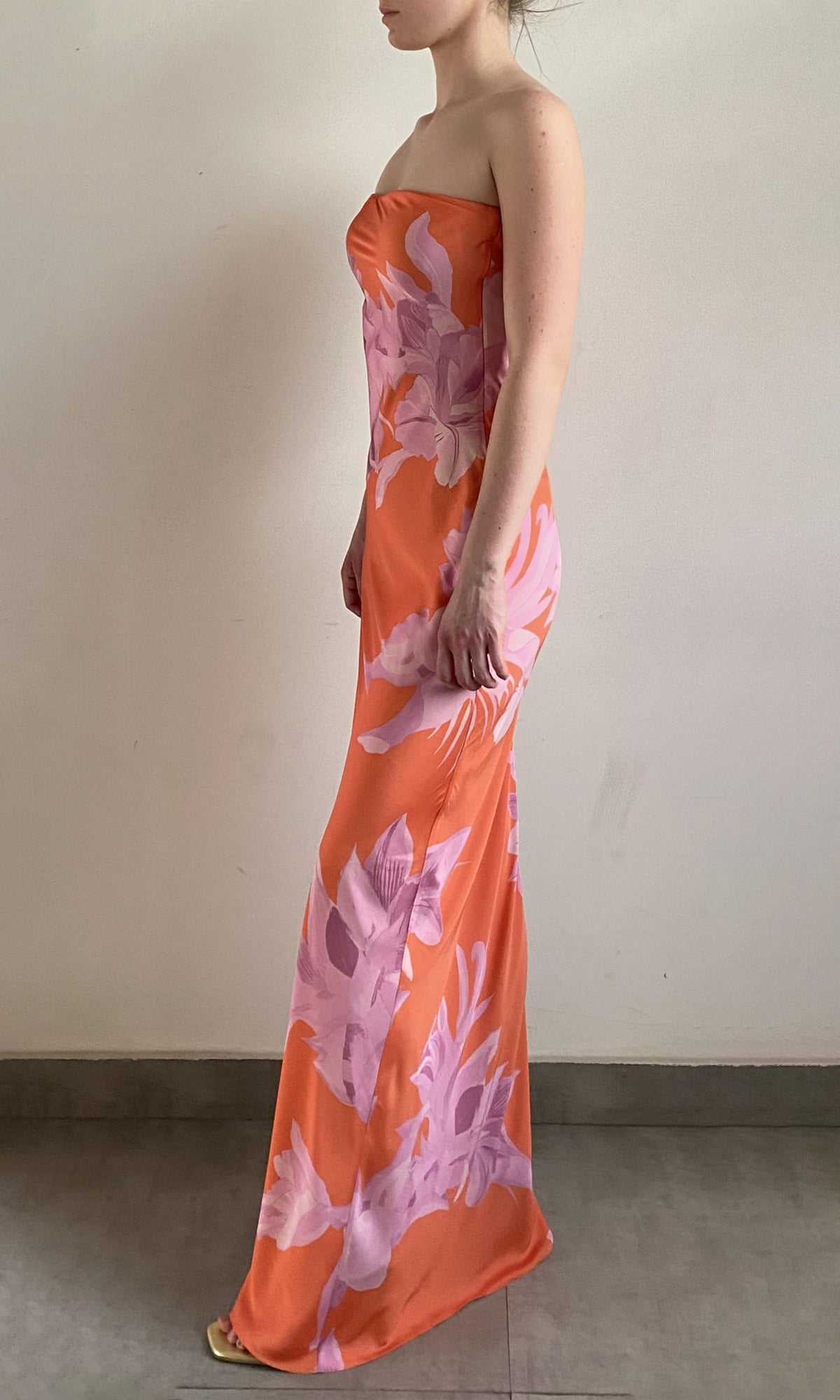 Womens | Casey Polyester Satin Lycra Strapless Maxi Dress | Orange