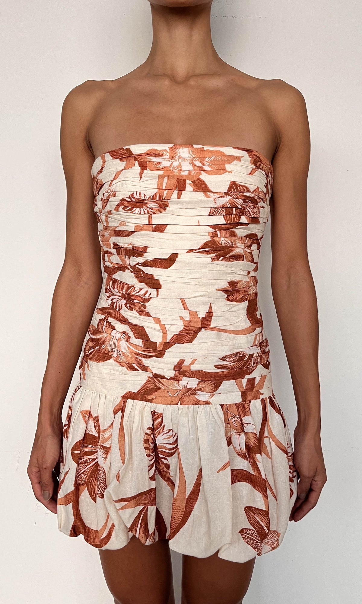 Rococo Sand | Ciro Thin Linen Cotton Bubble Hem Mini Dress | Beige Brown