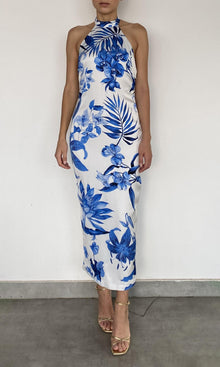 Womens | Gabi Polyester Satin Lycra Midi Dress | White Blue