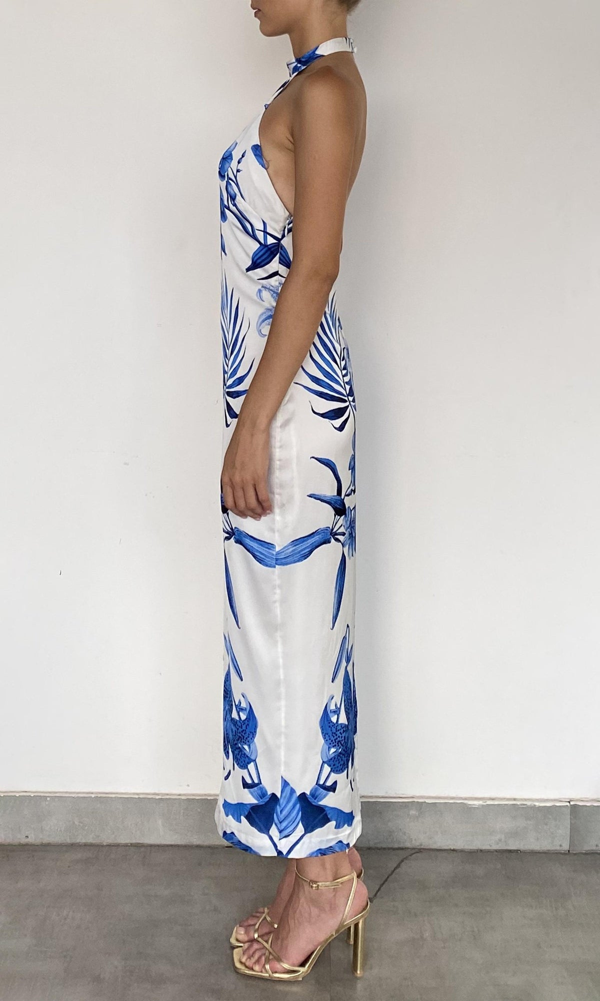 Womens | Gabi Polyester Satin Lycra Midi Dress | White Blue