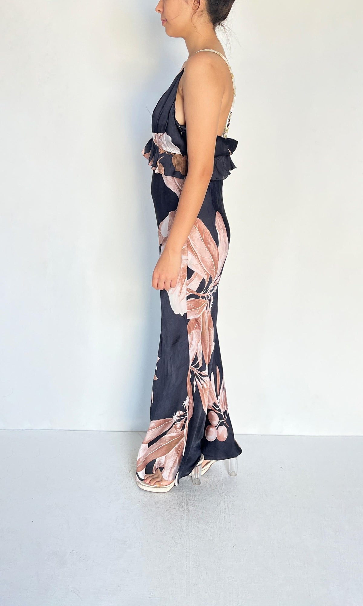 Womens | Inv Polyester Satin Long Dress | Black Beige