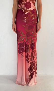 Womens | Maia Polyester Satin Lycra Maxi Skirt | Ivory Burgundy