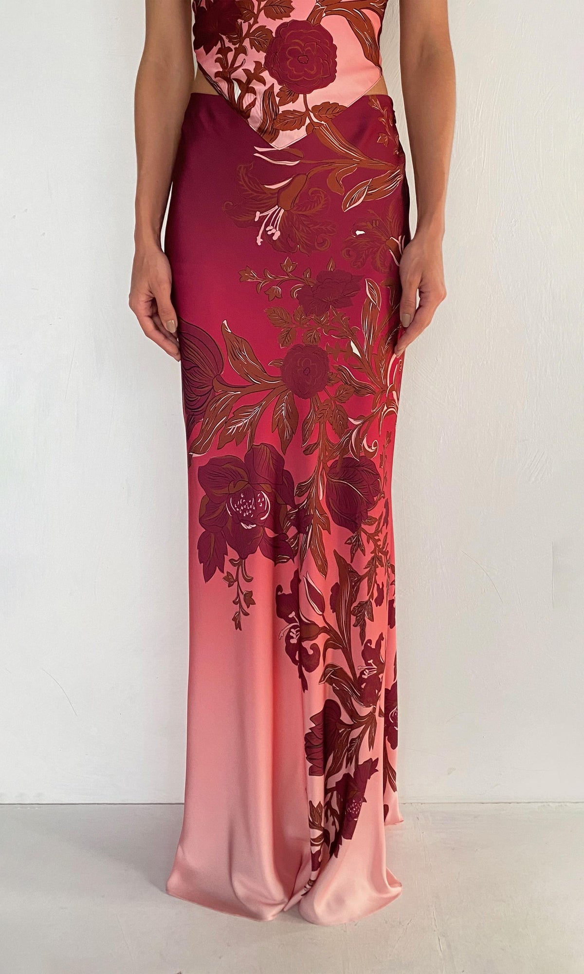 Womens | Maia Polyester Satin Lycra Maxi Skirt | Ivory Burgundy