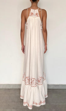 Rococo Sand | Myril Cotton Double Cloth Gauze Embroidered Tier Halterneck Maxi Dress | White Terracotta