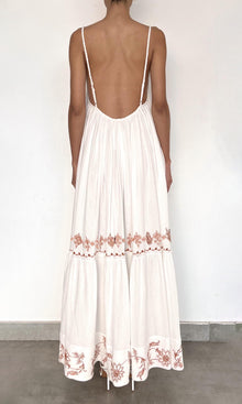 Womens | Myril Cotton Double Cloth Gauze Embroidered Tier Scoopneck Maxi Dress | White Terracotta