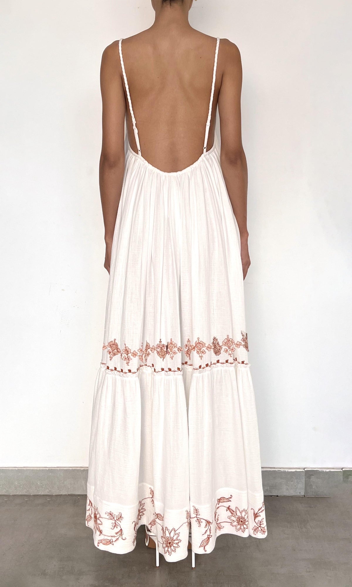 Womens | Myril Cotton Double Cloth Gauze Embroidered Tier Scoopneck Maxi Dress | White Terracotta