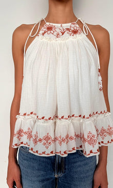 Rococo Sand | Myril Cotton Double Cloth Gauze Embroidered Tier Mini Top | White Terracotta