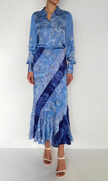 Womens | Navy Bemberg Cupro Satin Diagonal Panelled Midi Skirt | Navy