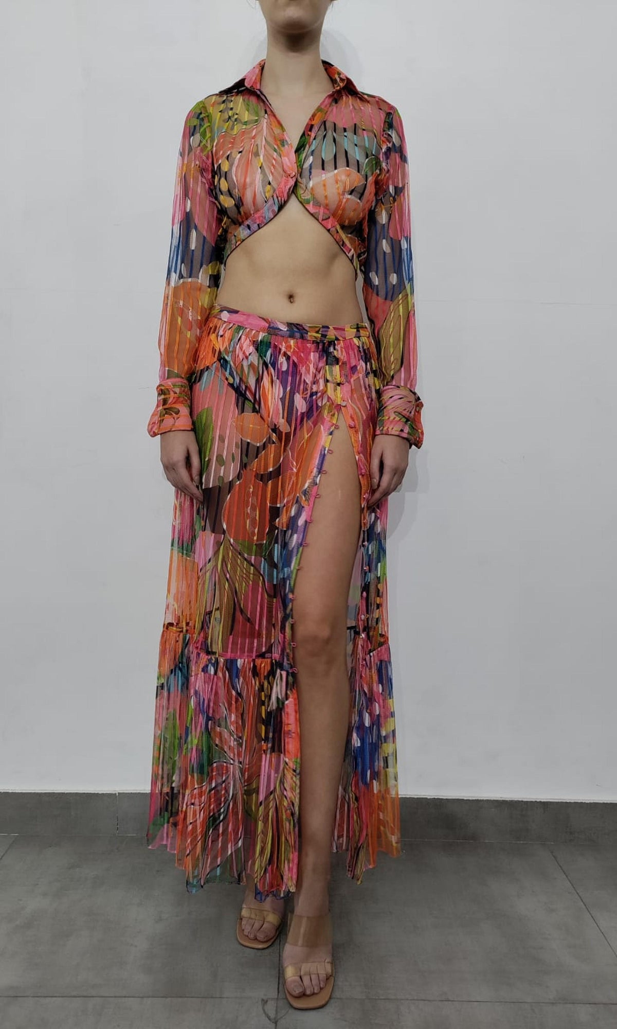 Womens | Plum Polyester Stripe Net Long Skirt | Multi