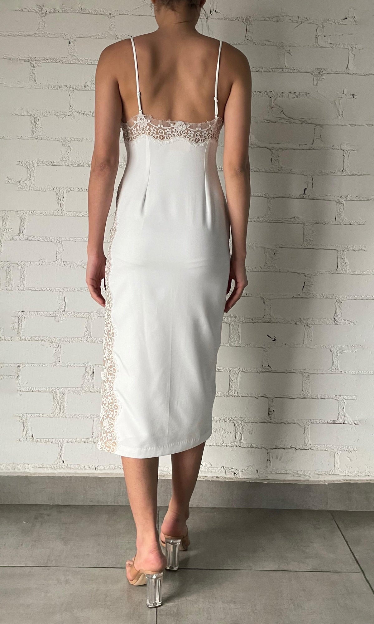 Womens | Rita Polyester Heavy Crepe Lace Insert Midi Dress | White