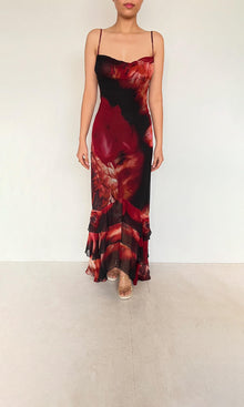 Rococo Sand | Shia Viscose Crinkle Chiffon High Low Maxi Dress | Black Pink Multi