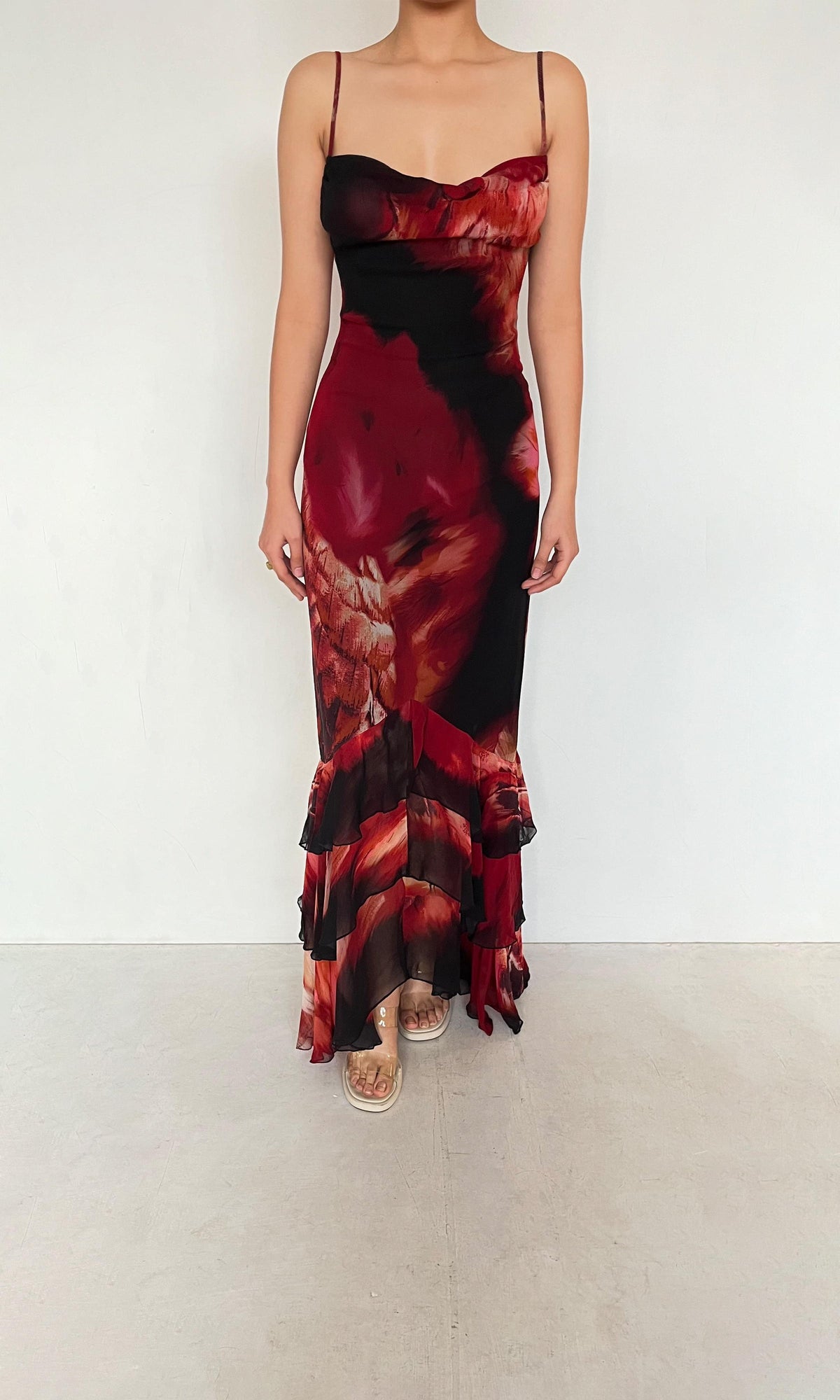 Rococo Sand | Shia Viscose Crinkle Chiffon High Low Maxi Dress | Black Pink Multi