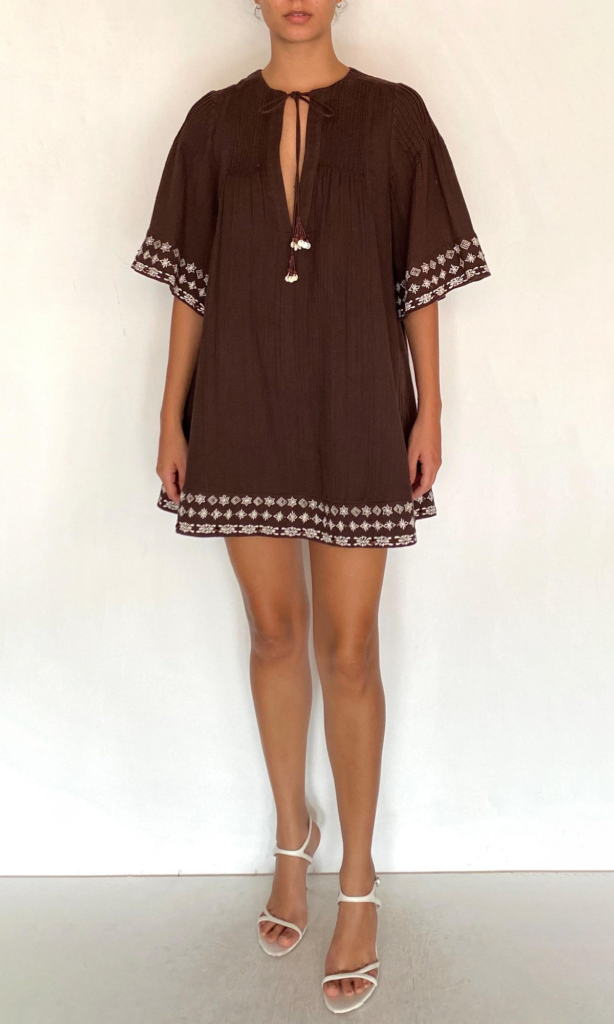 Womens | Taz Double Gauze Pintuck Detail Mini Dress | Brown
