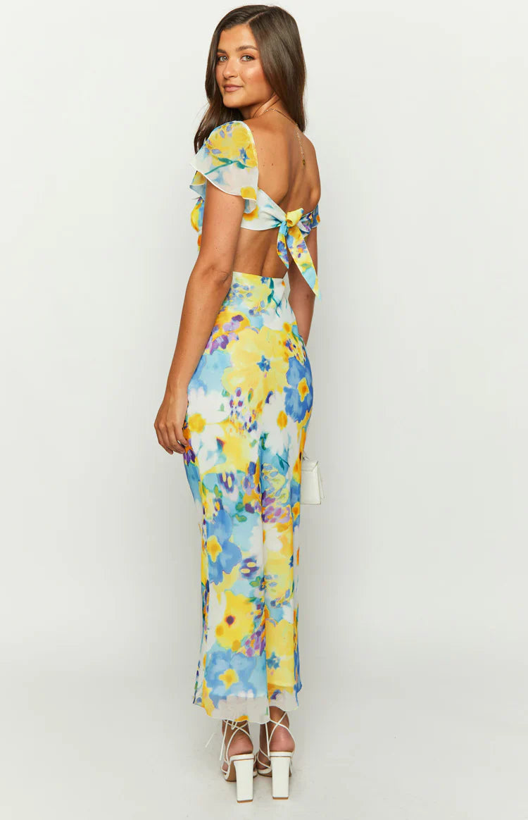 Raymi Floral Chiffon Maxi Dress | Blue