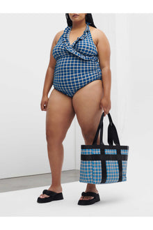 Recycled Seersucker Recycled Seersucker Frill Halterneck Swimsuit | Check Azure Blue