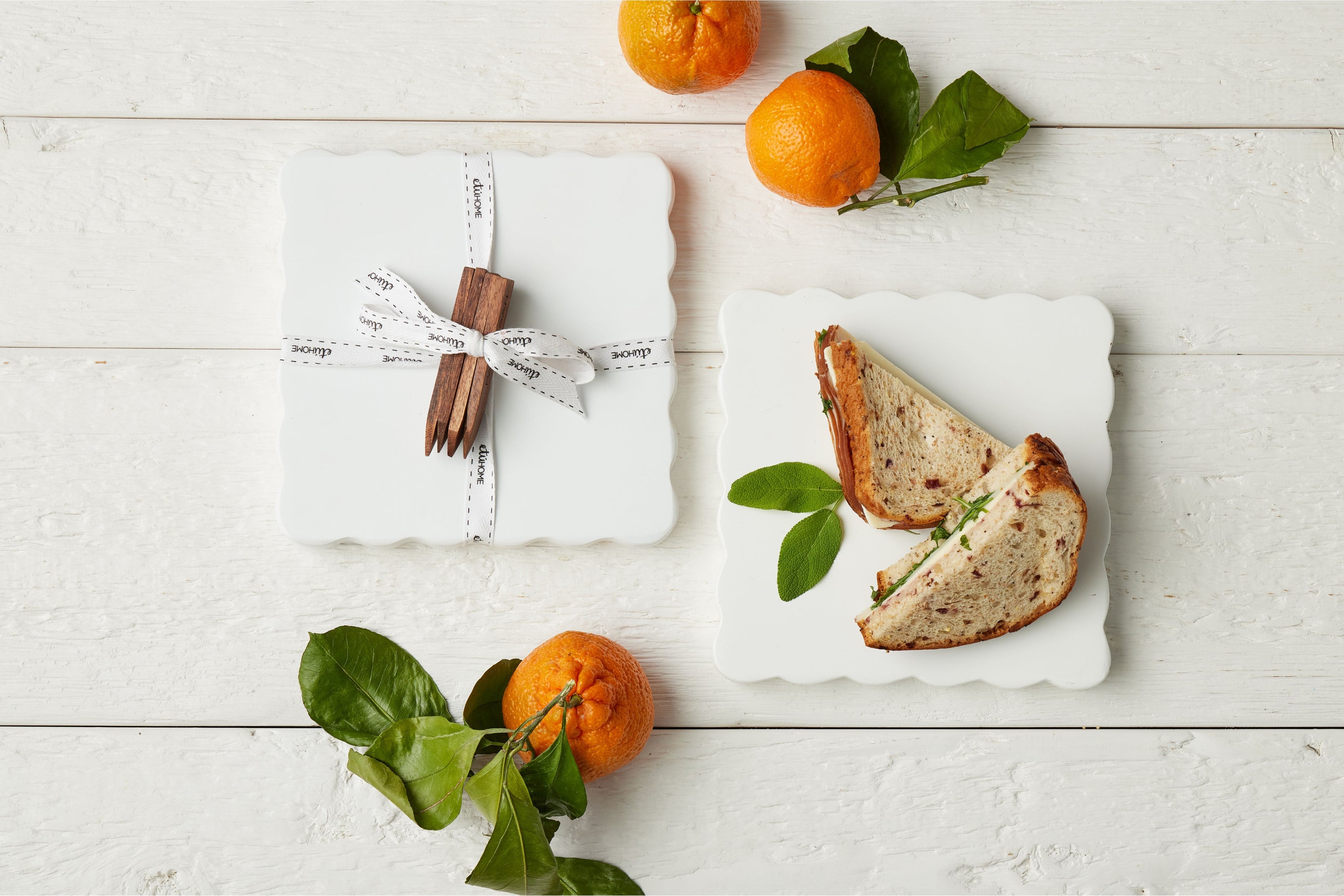 Square Scalloped Cheese Board with Cheese Markers | White | Small