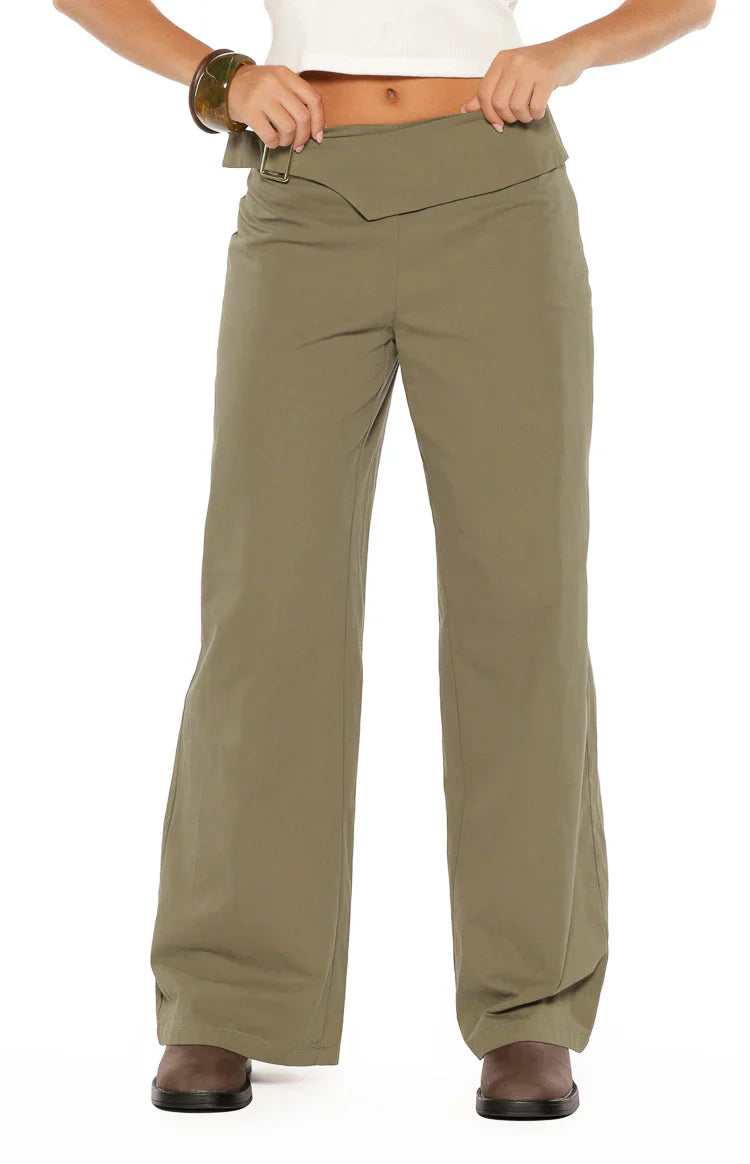 Buckle Detail Straight Leg Pants | Rewind Green