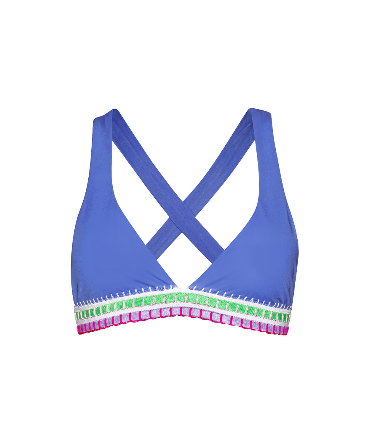 Blue bikini top with colorful trim on a white background