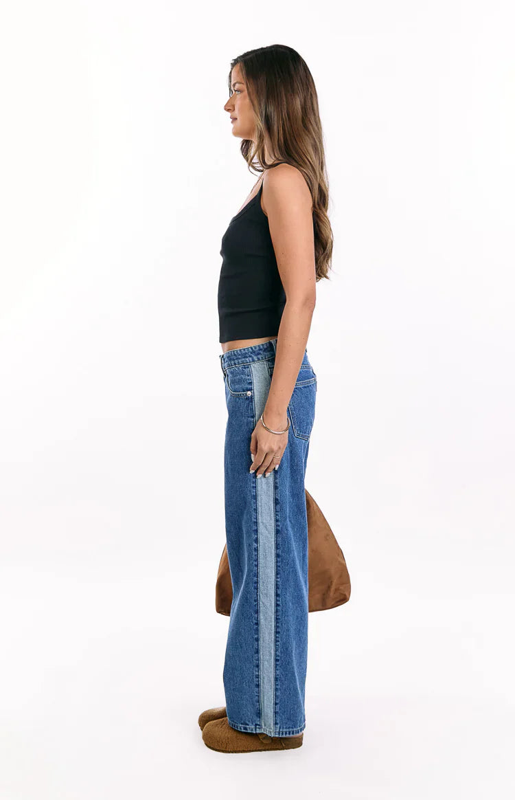 Roonie Contrast Stripe Denim Low Rise Jeans | Mid Wash