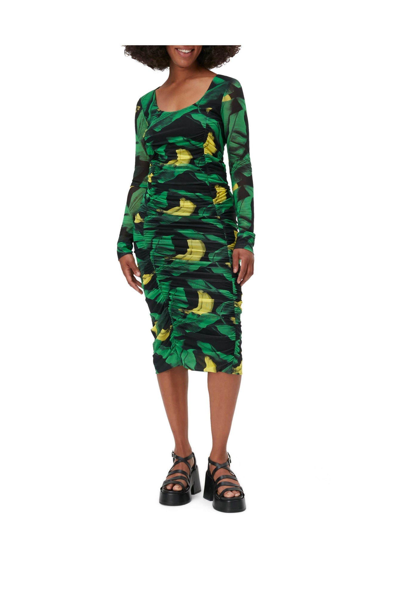 Ruched Mesh Midi Dress | Black