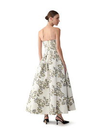 Strapless Corseted Drop Waist Tea Length Dress | Ivory Multi