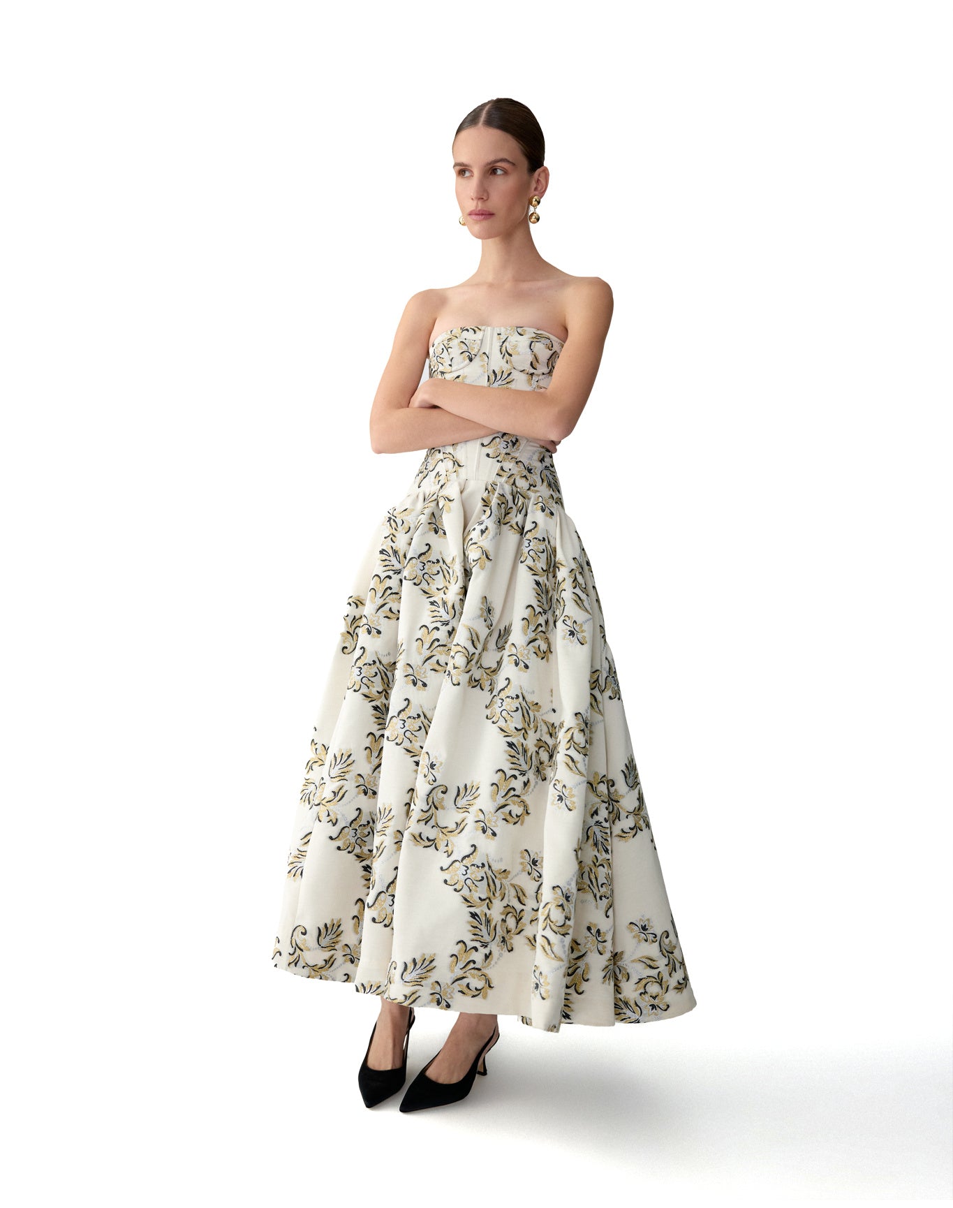 Strapless Corseted Drop Waist Tea Length Dress | Ivory Multi