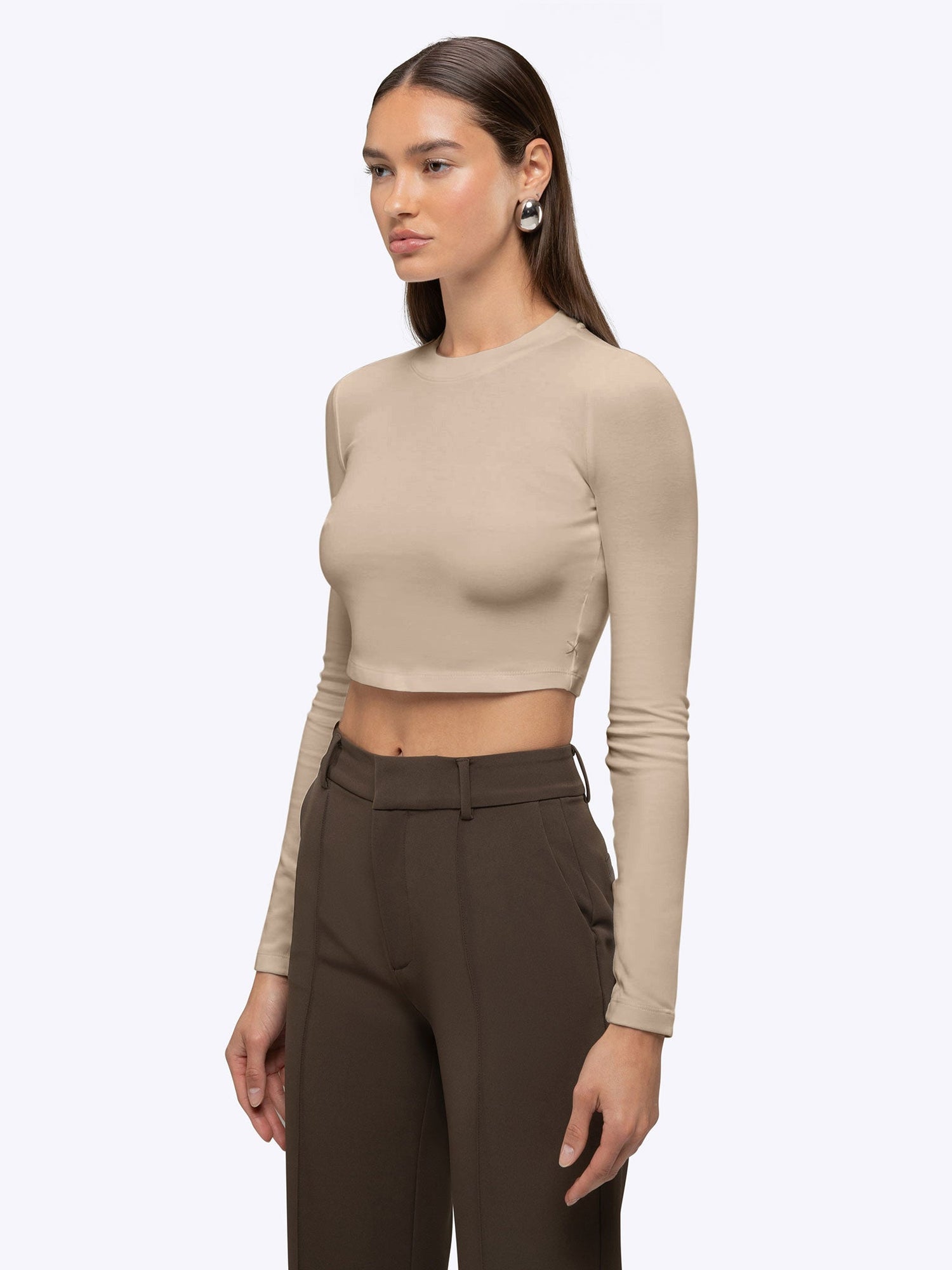 Womens | Long Sleeve Slim-Fit Tomboy-Cotton Cropped Tee | Sand Dune