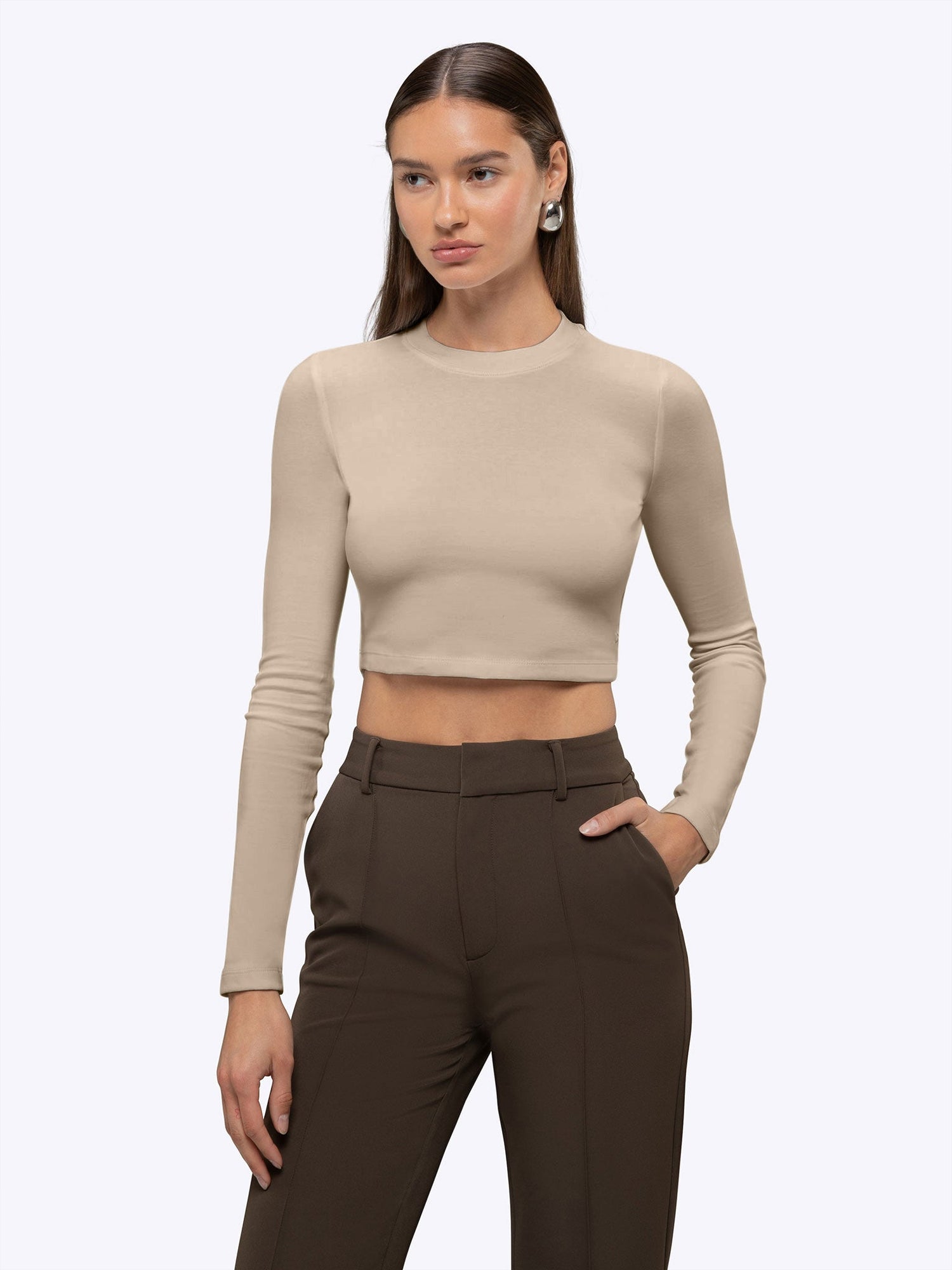 Womens | Long Sleeve Slim-Fit Tomboy-Cotton Cropped Tee | Sand Dune