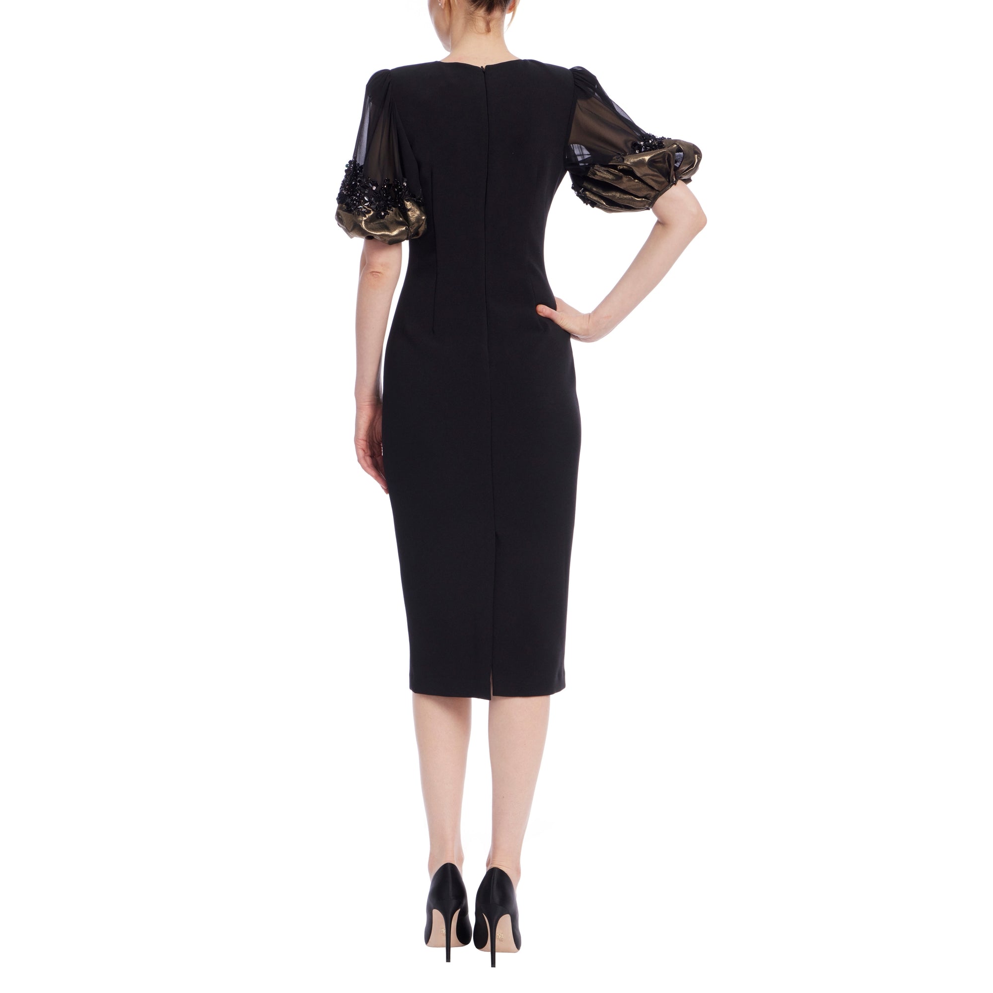 Badgley Mischka | Short Sleeve Midi Sheath Dress | Black Gold