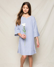 Girl's Twill Caftan | Navy French Ticking