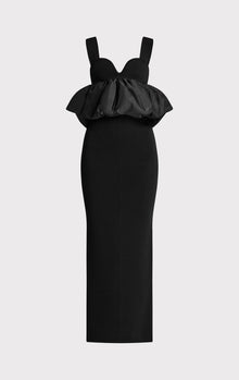 Ruched Nylon Peplum Gown | Black