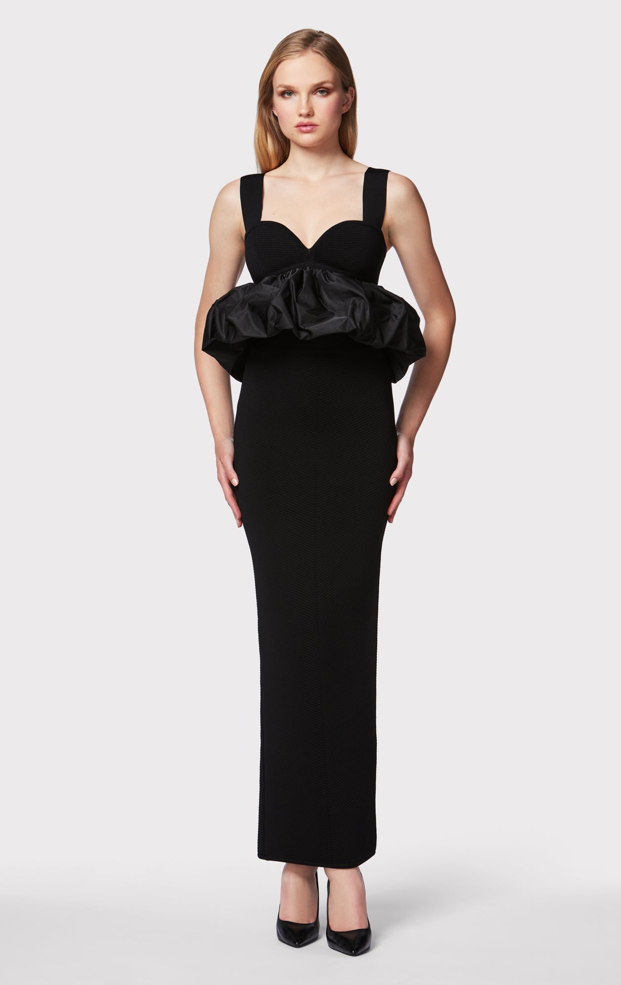 Ruched Nylon Peplum Gown | Black