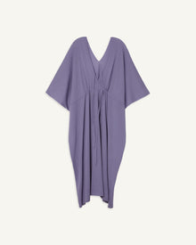 Elegant flowing purple cashmere kaftan with adjustable waist tie and V-neck design.