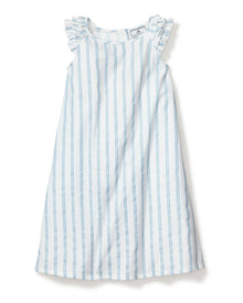 Blue and white striped dress with ruffled shoulders on a white background